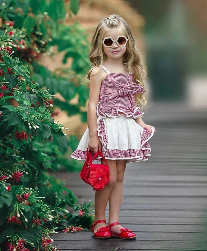Girls Plaid Spaghetti Strap Top + Skirt 2 Pcs Set - Image 11