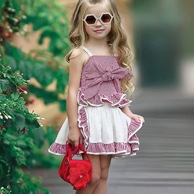 Girls Plaid Spaghetti Strap Top + Skirt 2 Pcs Set - Image 2