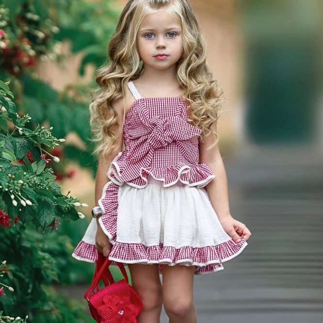 Girls Plaid Spaghetti Strap Top + Skirt 2 Pcs Set