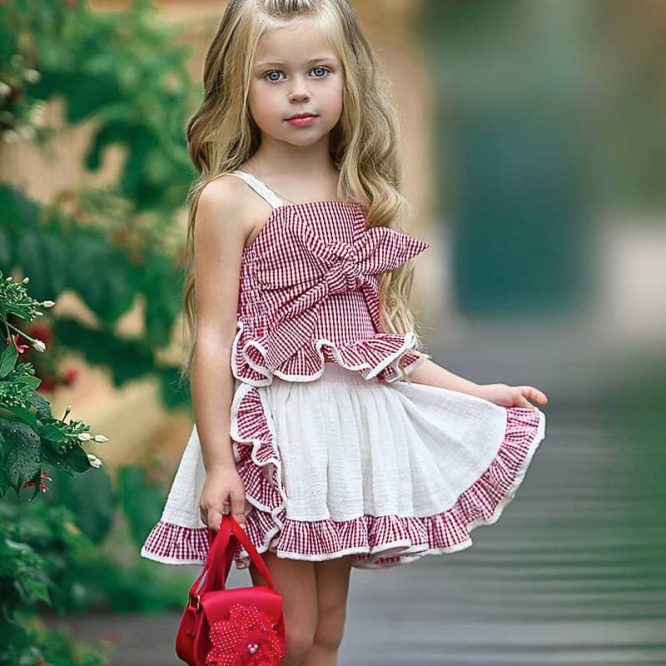 Girls Plaid Spaghetti Strap Top + Skirt 2 Pcs Set - Image 3